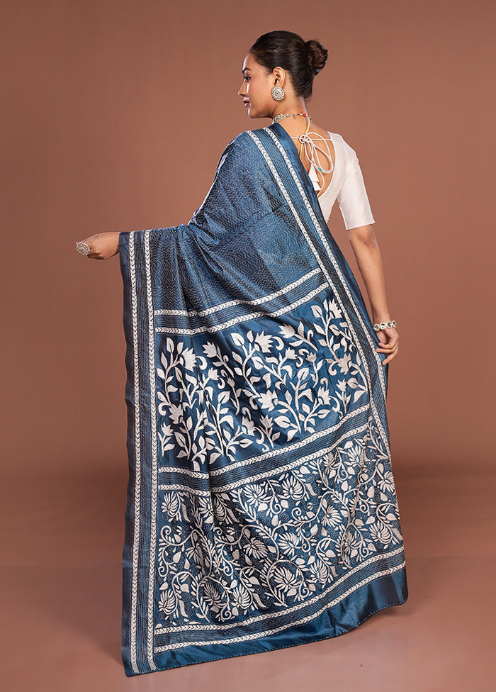 Blue Kantha Stitch Silk Saree With Blouse Piece