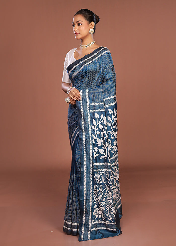 Blue Kantha Stitch Silk Saree With Blouse Piece