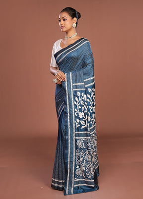 Blue Kantha Stitch Silk Saree With Blouse Piece