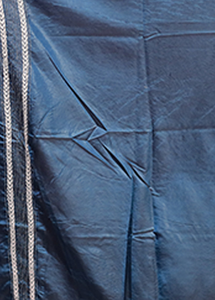 Blue Kantha Stitch Silk Saree With Blouse Piece