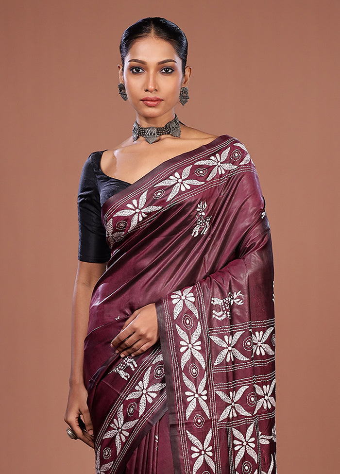 Purple Kantha Stitch Silk Saree With Blouse Piece