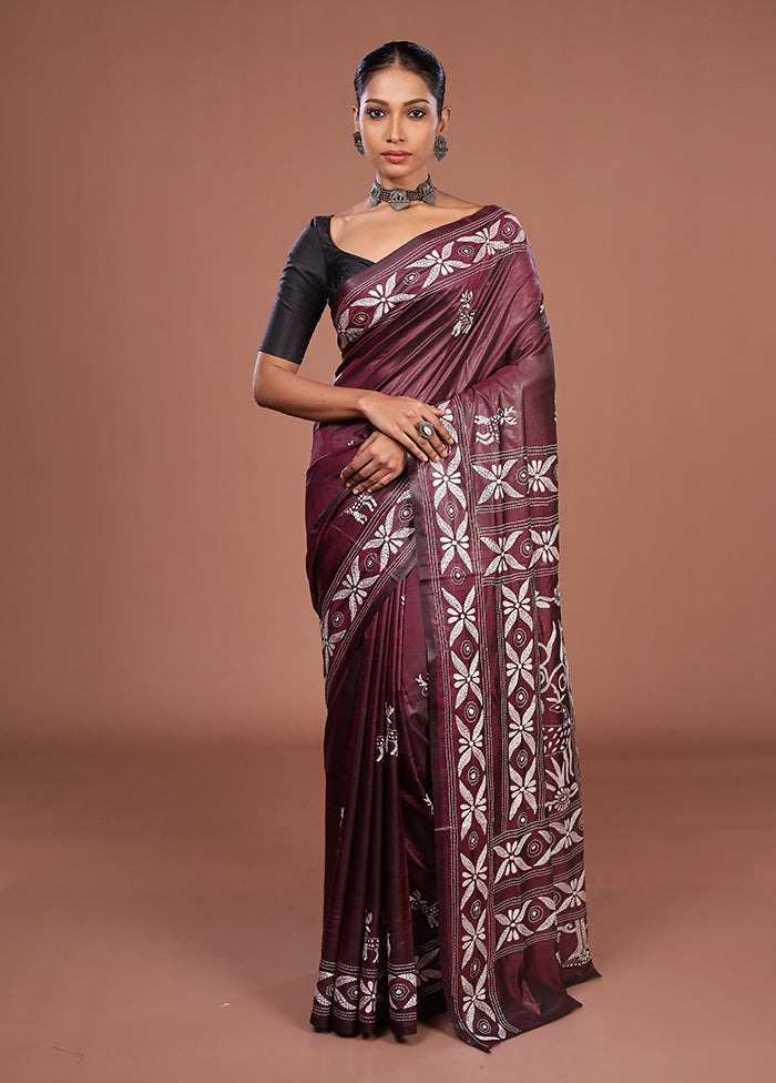 Purple Kantha Stitch Silk Saree With Blouse Piece