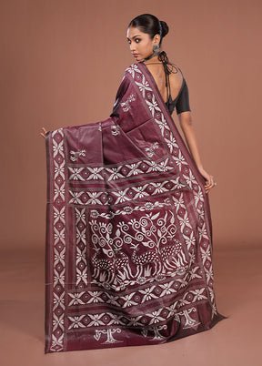 Purple Kantha Stitch Silk Saree With Blouse Piece