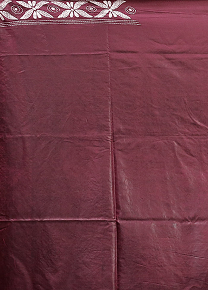 Purple Kantha Stitch Silk Saree With Blouse Piece
