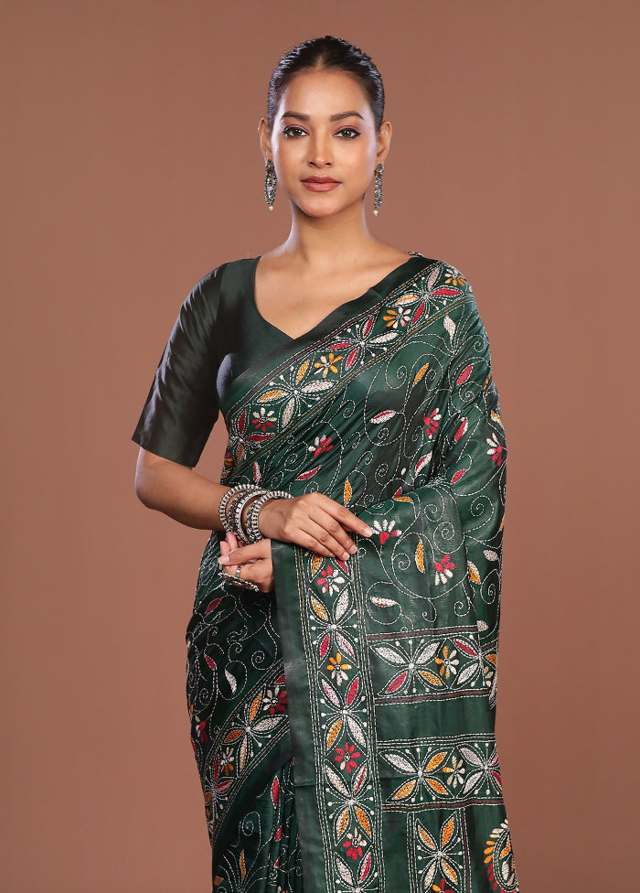 Green Kantha Stitch Silk Saree With Blouse Piece