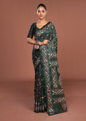 Green Kantha Stitch Silk Saree With Blouse Piece