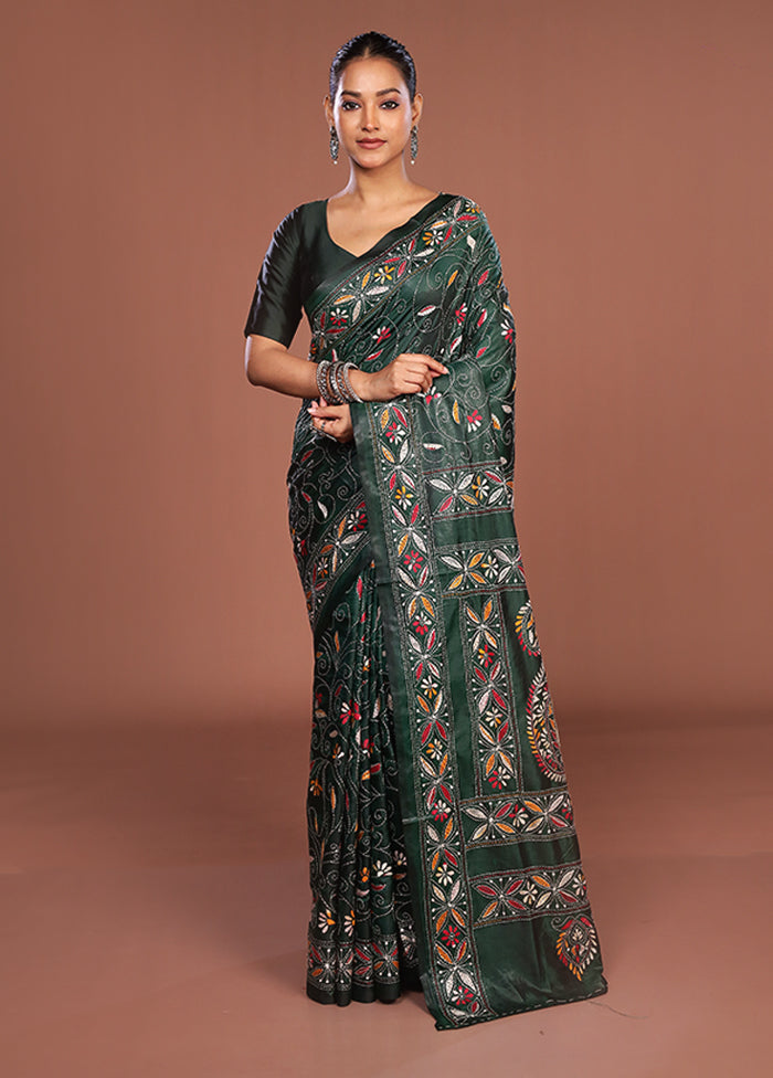 Green Kantha Stitch Silk Saree With Blouse Piece