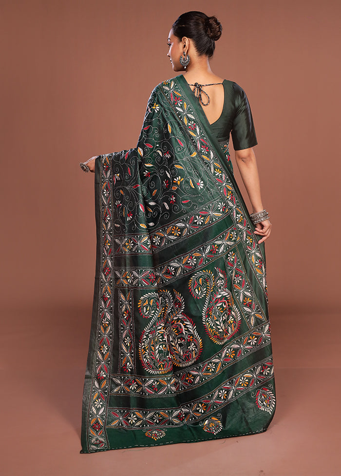 Green Kantha Stitch Silk Saree With Blouse Piece