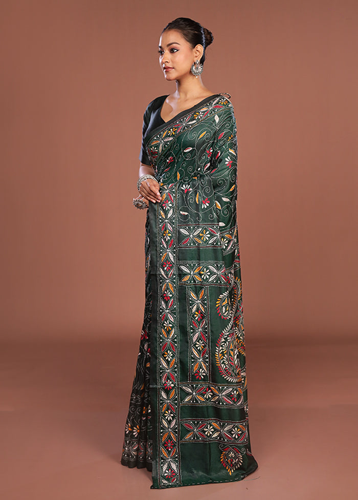 Green Kantha Stitch Silk Saree With Blouse Piece