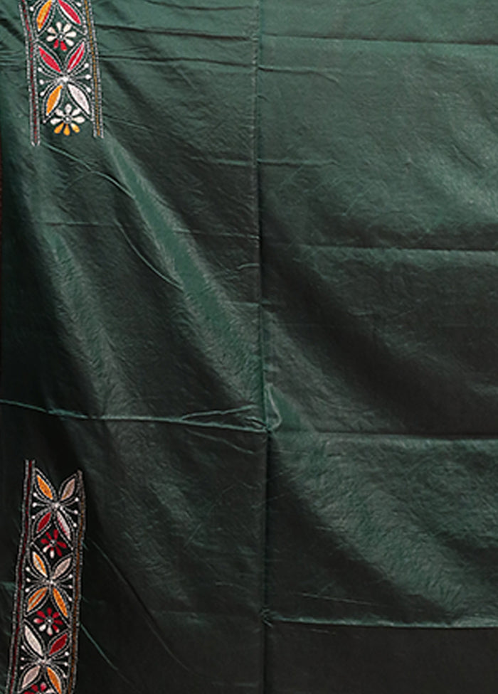 Green Kantha Stitch Silk Saree With Blouse Piece