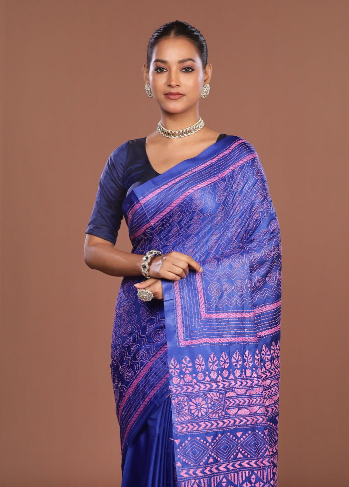 Blue Kantha Stitch Silk Saree With Blouse Piece