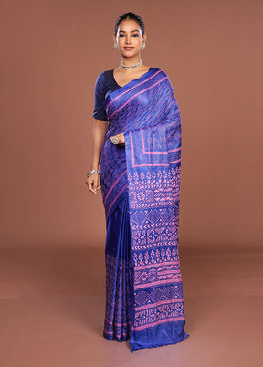 Blue Kantha Stitch Silk Saree With Blouse Piece