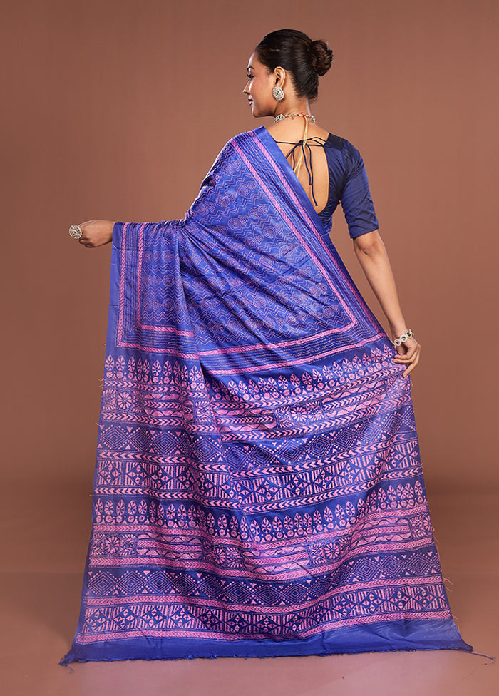 Blue Kantha Stitch Silk Saree With Blouse Piece