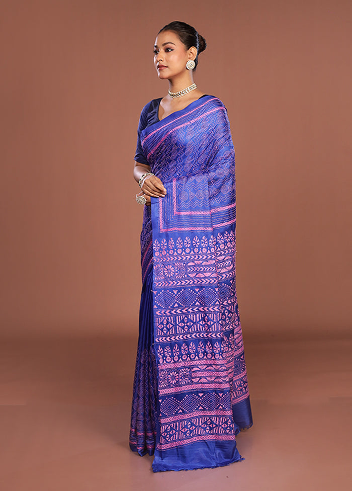 Blue Kantha Stitch Silk Saree With Blouse Piece