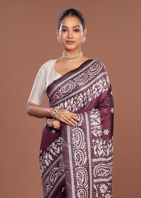 Purple Kantha Stitch Silk Saree With Blouse Piece
