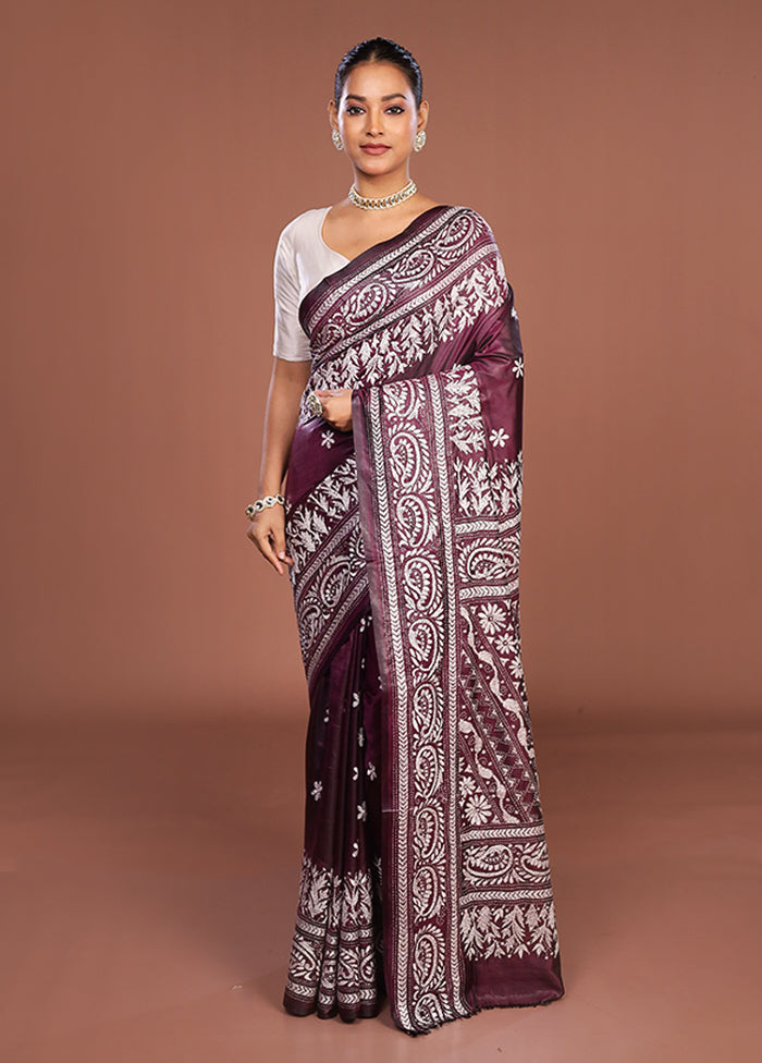 Purple Kantha Stitch Silk Saree With Blouse Piece