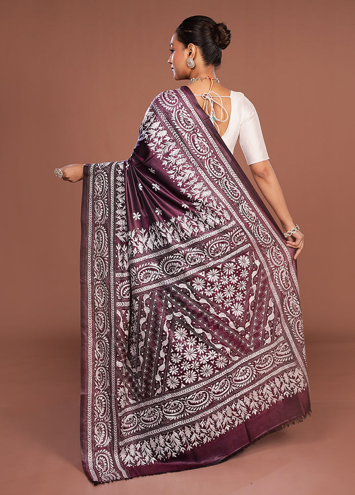 Purple Kantha Stitch Silk Saree With Blouse Piece