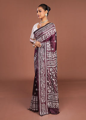 Purple Kantha Stitch Silk Saree With Blouse Piece