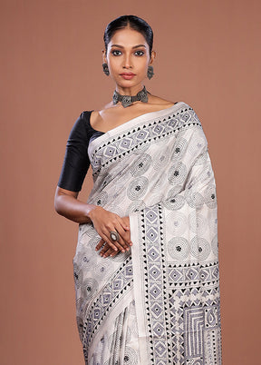 White Kantha Stitch Silk Saree With Blouse Piece