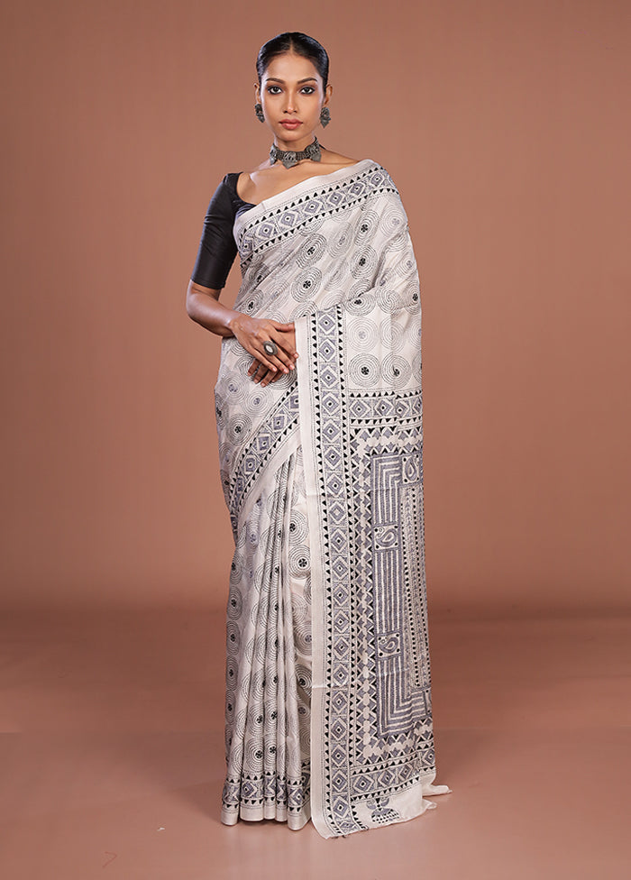 White Kantha Stitch Silk Saree With Blouse Piece