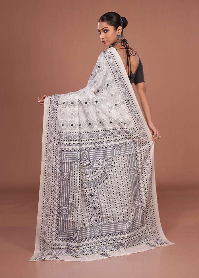 White Kantha Stitch Silk Saree With Blouse Piece