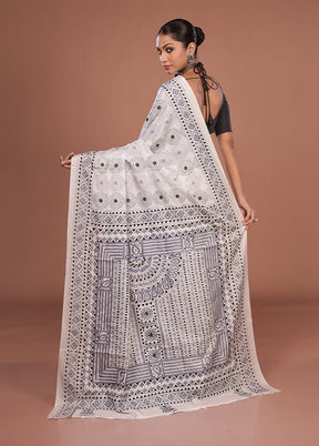 White Kantha Stitch Silk Saree With Blouse Piece