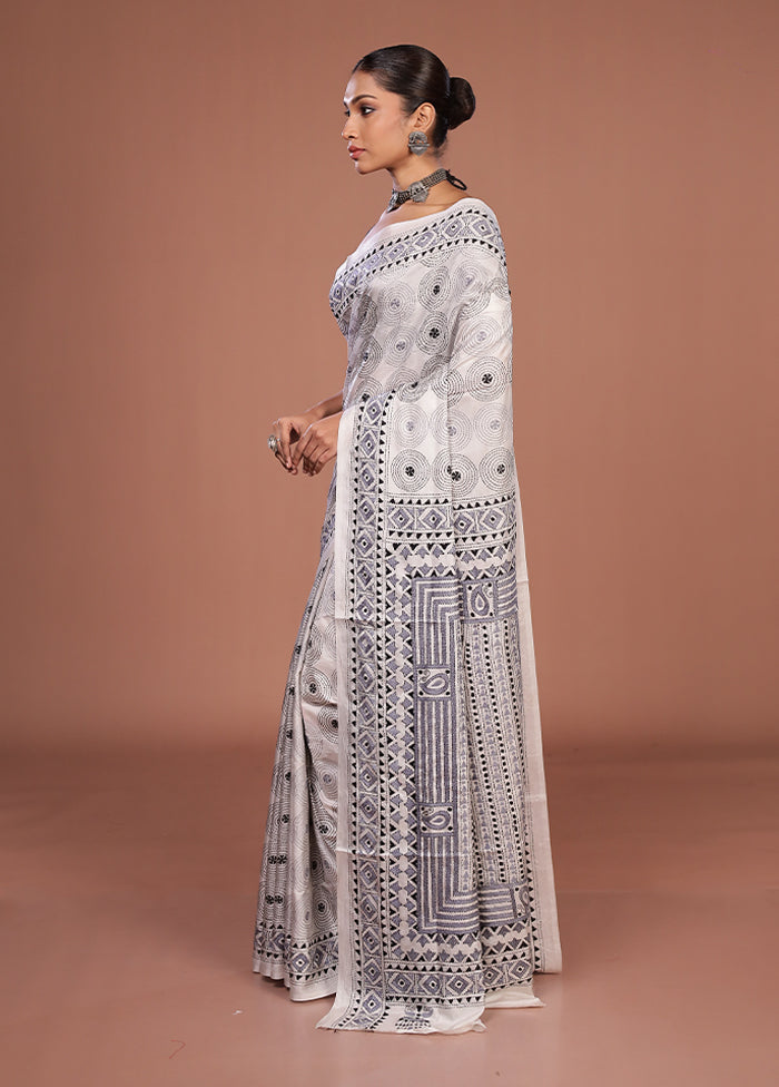 White Kantha Stitch Silk Saree With Blouse Piece