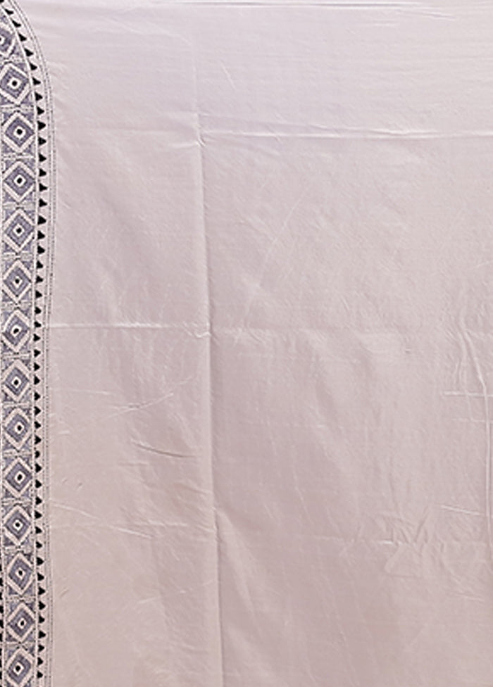 White Kantha Stitch Silk Saree With Blouse Piece