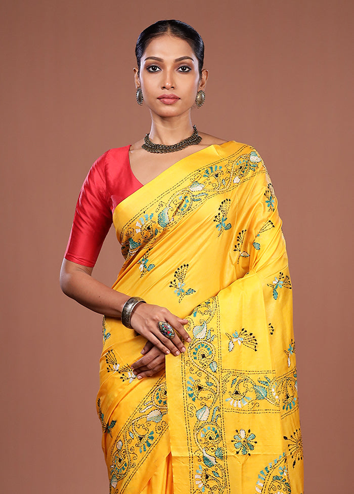 Yellow Kantha Stitch Silk Saree With Blouse Piece