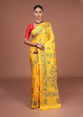 Yellow Kantha Stitch Silk Saree With Blouse Piece