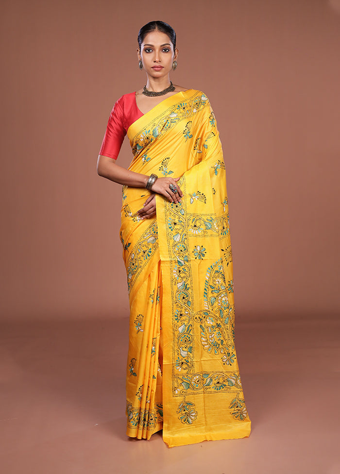 Yellow Kantha Stitch Silk Saree With Blouse Piece