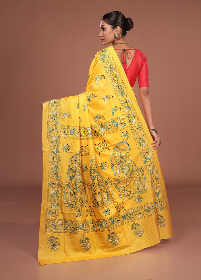 Yellow Kantha Stitch Silk Saree With Blouse Piece