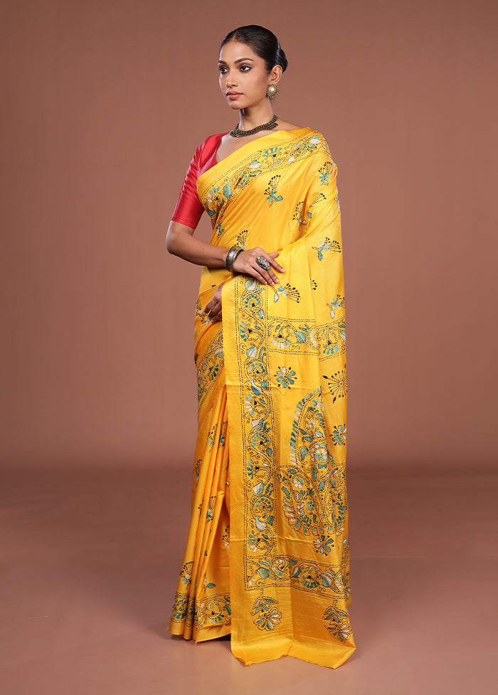 Yellow Kantha Stitch Silk Saree With Blouse Piece