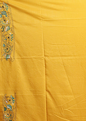 Yellow Kantha Stitch Silk Saree With Blouse Piece