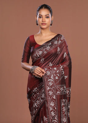 Maroon Kantha Stitch Silk Saree With Blouse Piece