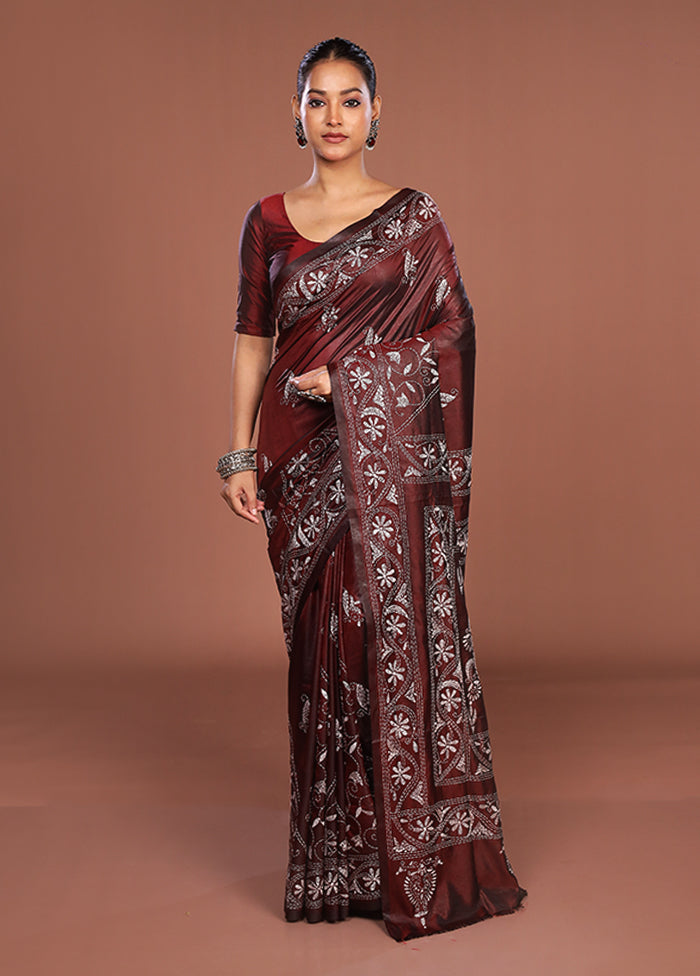 Maroon Kantha Stitch Silk Saree With Blouse Piece