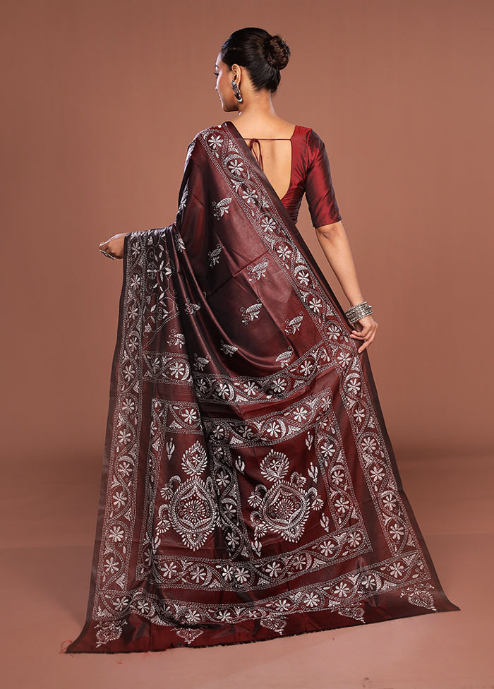 Maroon Kantha Stitch Silk Saree With Blouse Piece