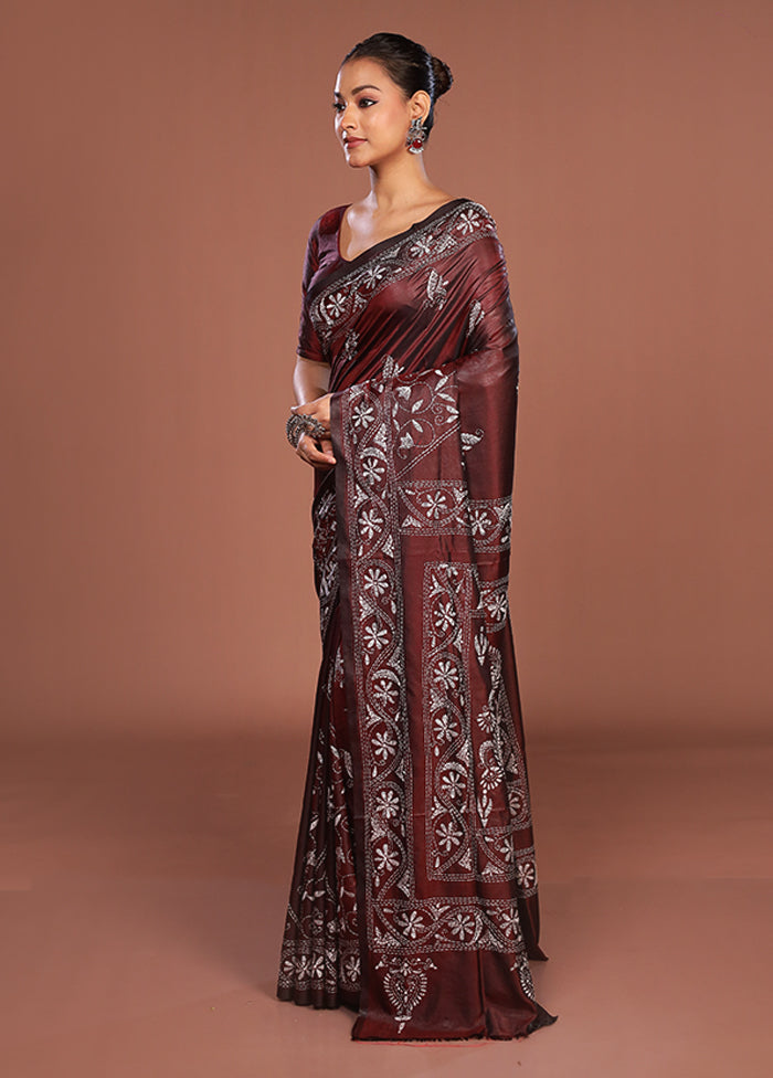 Maroon Kantha Stitch Silk Saree With Blouse Piece