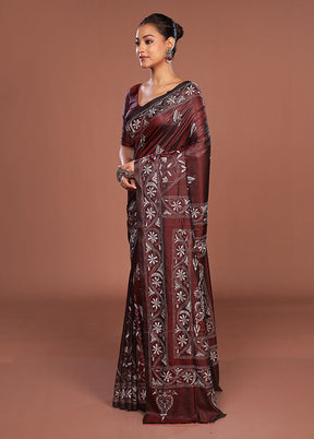 Maroon Kantha Stitch Silk Saree With Blouse Piece