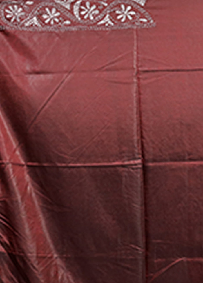 Maroon Kantha Stitch Silk Saree With Blouse Piece