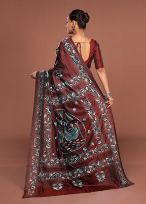 Maroon Kantha Stitch Silk Saree With Blouse Piece