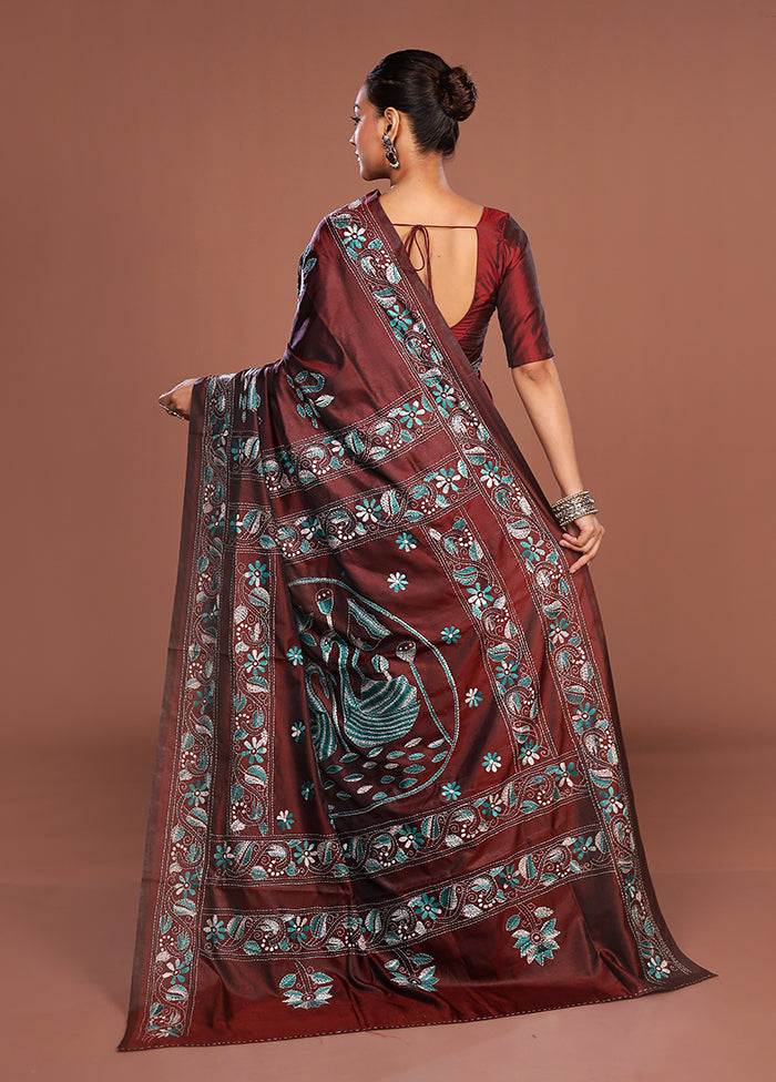 Maroon Kantha Stitch Silk Saree With Blouse Piece
