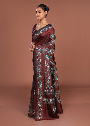 Maroon Kantha Stitch Silk Saree With Blouse Piece