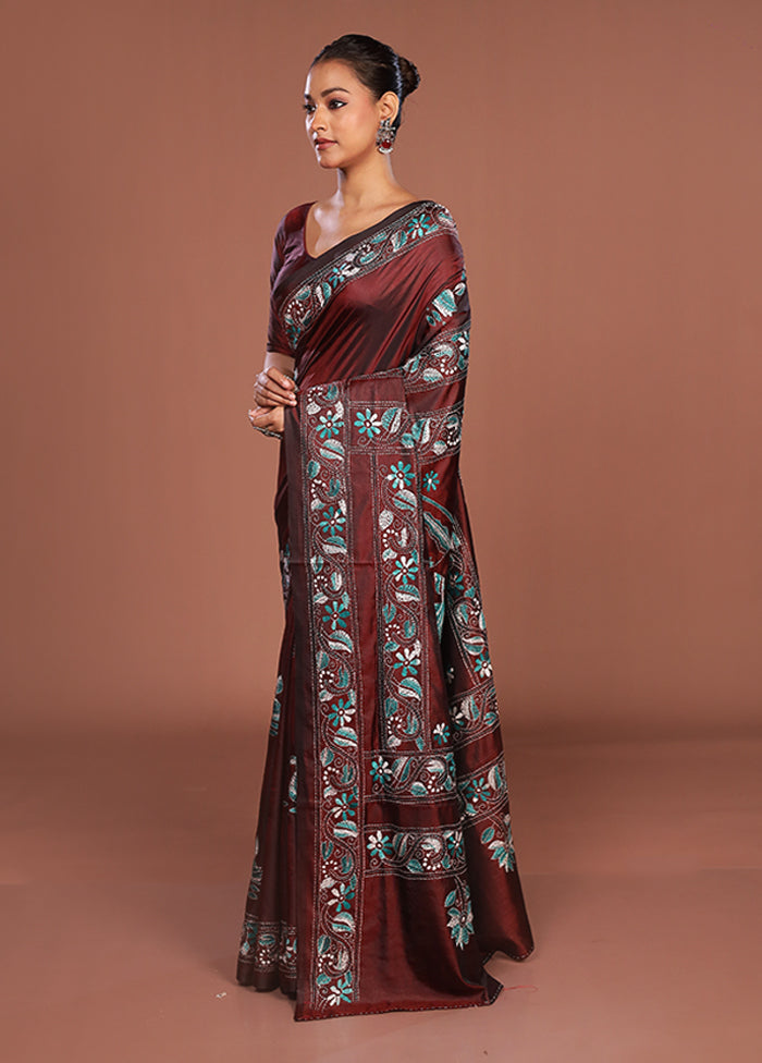 Maroon Kantha Stitch Silk Saree With Blouse Piece