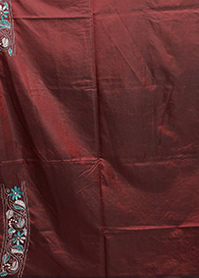 Maroon Kantha Stitch Silk Saree With Blouse Piece