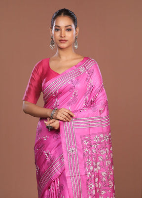 Pink Kantha Stitch Silk Saree With Blouse Piece