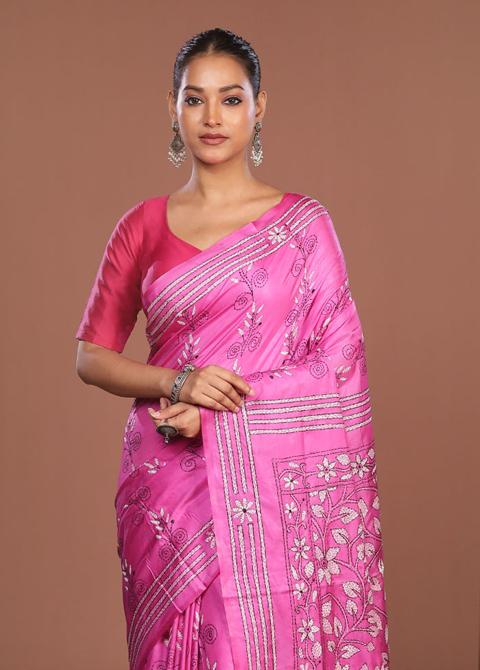 Pink Kantha Stitch Silk Saree With Blouse Piece