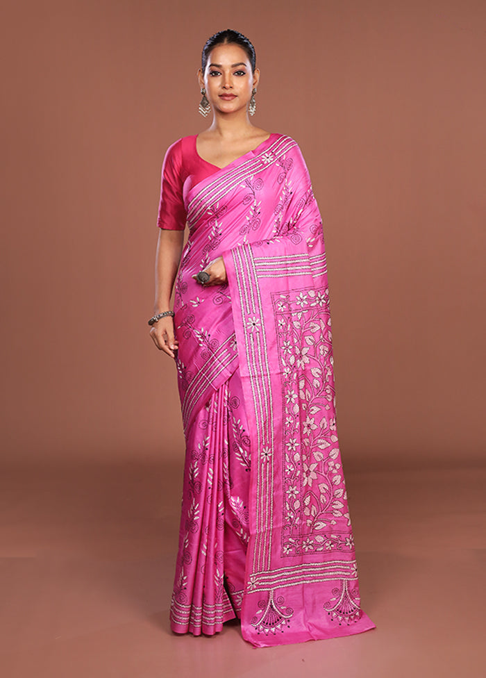 Pink Kantha Stitch Silk Saree With Blouse Piece