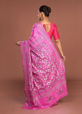 Pink Kantha Stitch Silk Saree With Blouse Piece