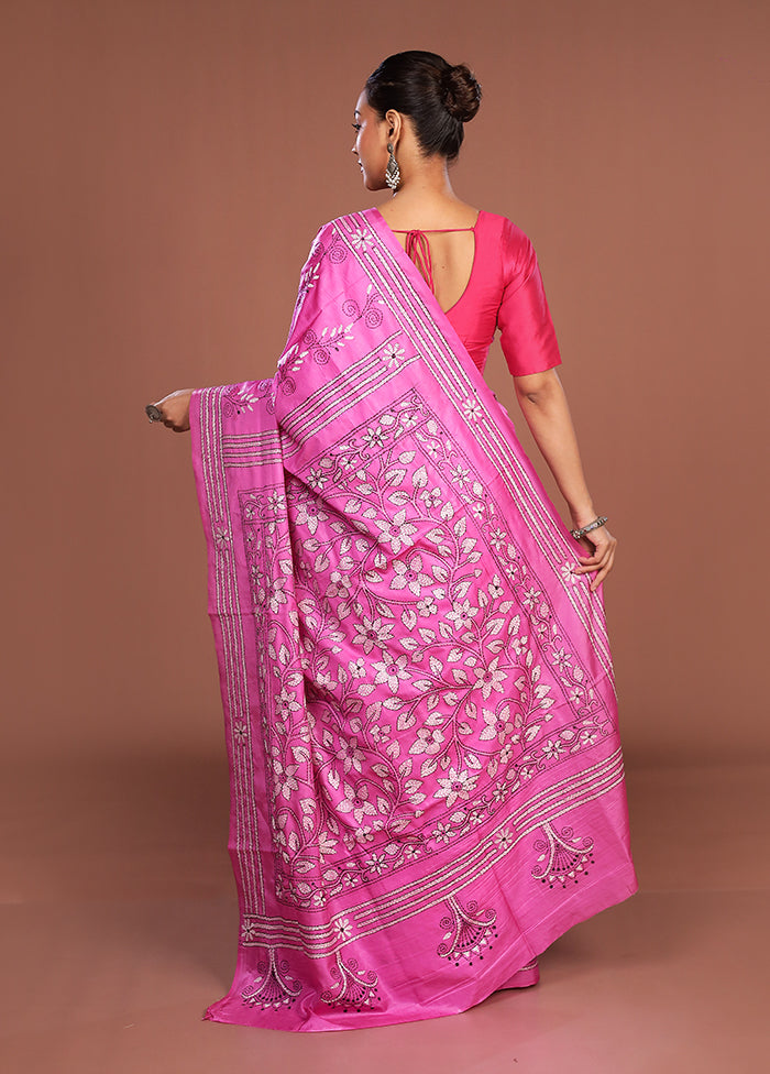 Pink Kantha Stitch Silk Saree With Blouse Piece
